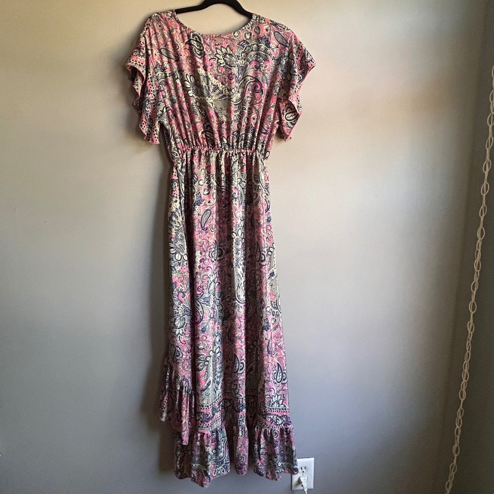Jessica Taylor Pink Paisley 100% Silk Maxi Dress High Low Ruffle Tassel Boho S - Picture 2 of 9